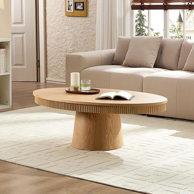Modern Oval Coffee Table with Wood Pedestal,47.24" Farmhouse Center Table for Living Room, Ellipse Coffee Tables Tea Table for Bedroom, Apartment-Natural-Ruum Studio Home