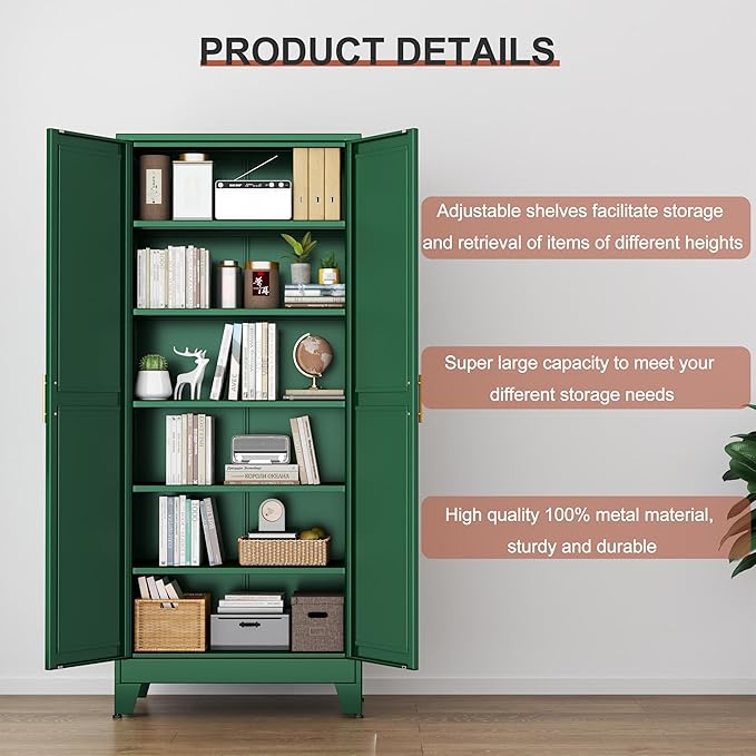 Kitchen Pantry Storage Cabinet with Doors and Adjustable Shelves, Metal ClosetMaid Food Pantry Cabinets, 75" Tall Freestanding Cupboard for Kitchen, Laundry or Utility Room, Green-Ruum Studio Home