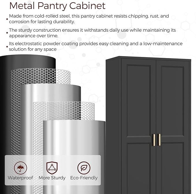 60" Tall Metal Pantry Cabinet, Black Kitchen Pantry Storage Cabinet with Doors and 3 Adjustable Shelves, Cupboard for Kitchen, Dining Room, Living Room, Bathroom-Ruum Studio Home