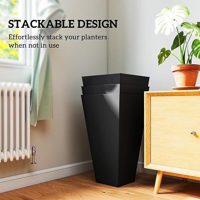 Outsunny Tall Planters for Outdoor Plants Set of 3, 28 in Taper Planters with Drainage Holes, Indoor Grande Plant Pots, Front Porch Decor (Black)-Ruum Studio Home