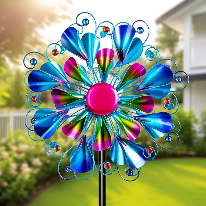 60'' Wind Spinner with Color Glass Ball Solar Lights, Blue Peacock Feathers Metal Garden Outdoor Decor Yard Lawn Art Decor for Patio Kinetic Windmills Unique Gifts for Friends and Family-Ruum Studio Home