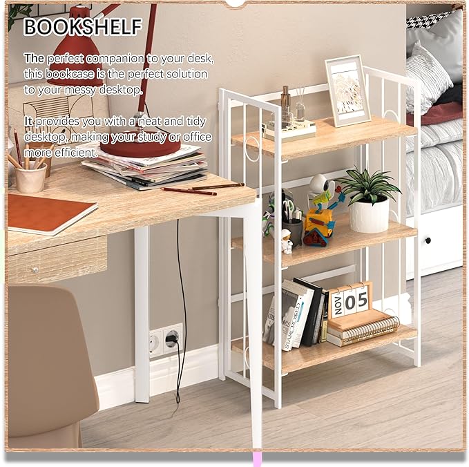 4NM No Assembly 3 Tiers Folding Bookshelf, 35" H Foldable Storage Shelves Vintage Bookcase Standing Racks Study Organizer Home Office - Natural White-Ruum Studio Home