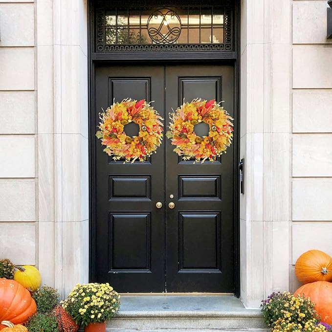 Fall Wreath for Front Door,24" Autumn Front Door Wreath Fall Decorations with Pumpkins Hydrangea Maple Leaves for Porch Window Farmhouse Halloween Thanksgiving Harvest Festival Home Decor-Ruum Studio Home
