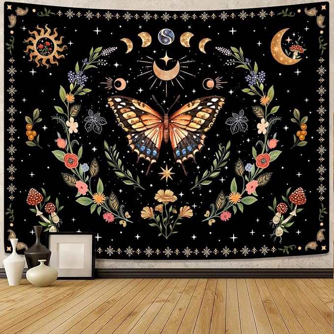 Lunerfex Boho Butterfly Tapestry Flower Moon Wall Tapestry, Moon Phases Tapestries for Bedroom Cute Tapestries Wall Hanging for Bedroom Living Room Decor Butterfly-1 44"x60"-Ruum Studio Home