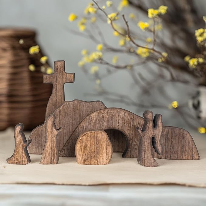 NEROSUN Empty Tomb Easter Scene and Cross Decoration, Wooden Easter Resurrection Scene Cross Jesus Tomb Tray Set, Jesus Nativity Scene Decor for Religious Home Office Tabletop Christian Gifts-Ruum Studio Home