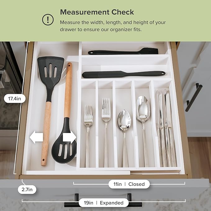 Premium Silverware, Flatware and Utensil Organizer for Kitchen Drawers, Food-Safe Contract Grade, Expandable from 10.5 to 19 In, White Bamboo-Ruum Studio Home