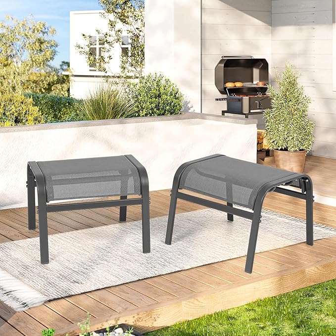 Outdoor Ottoman Set of 2, All Weather Outdoor Foot Stool with Supportive Textliene and Metal Frame, Stackable Oversized Outdoor Foot Rest for Furniture Patio Garden Pool, Grey-Ruum Studio Home