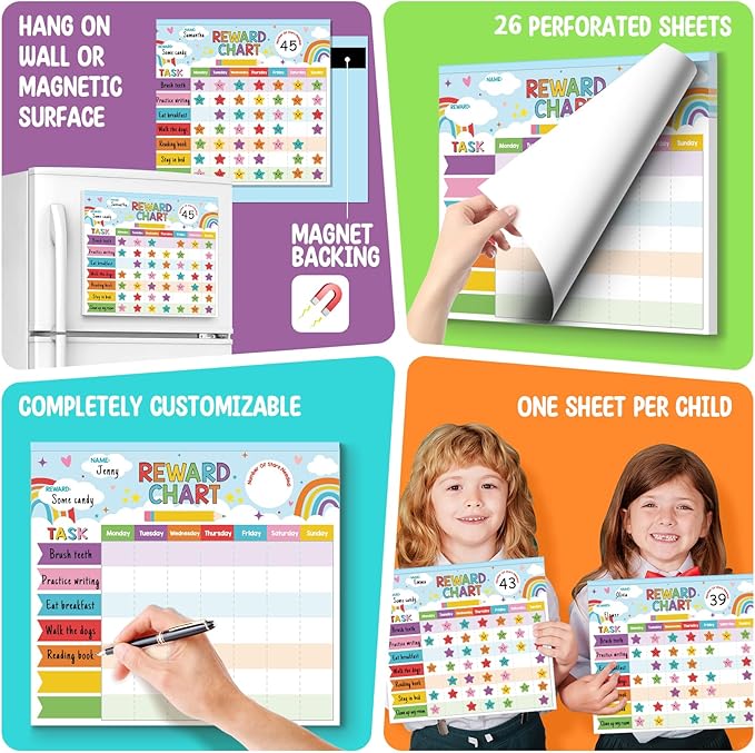 Reward Chart for Kids,Magnetic Behavior Chore Chart for Kids at Home,26 Rainbow Blue Chore Charts,1960 Star Stickers,56 Reward Stickers,Incentive Chore Chart to Develop Responsibility and Good Habits-Ruum Studio Home