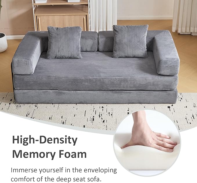 Convertible Sleeper Sofa Bed, Compression Folding Sofa with Pillow, No Assembly Required, Shape Frame, Floor Sofas Lounge Couch for Living Room, Bedroom, Small Spaces(Corduroy, 77''W, Dark Grey)-Ruum Studio Home