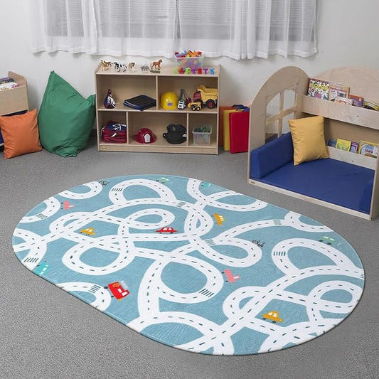 STARUIA Small Road Rug for Kids Room, 3'x5' Washable Kids Play Rug for Baby Nursery, Non-Slip Car Rugs for Playroom, Kid Play Mat Blue Traffic Carpet for Boys Girls Dorm Toy Room Tent-Ruum Studio Home