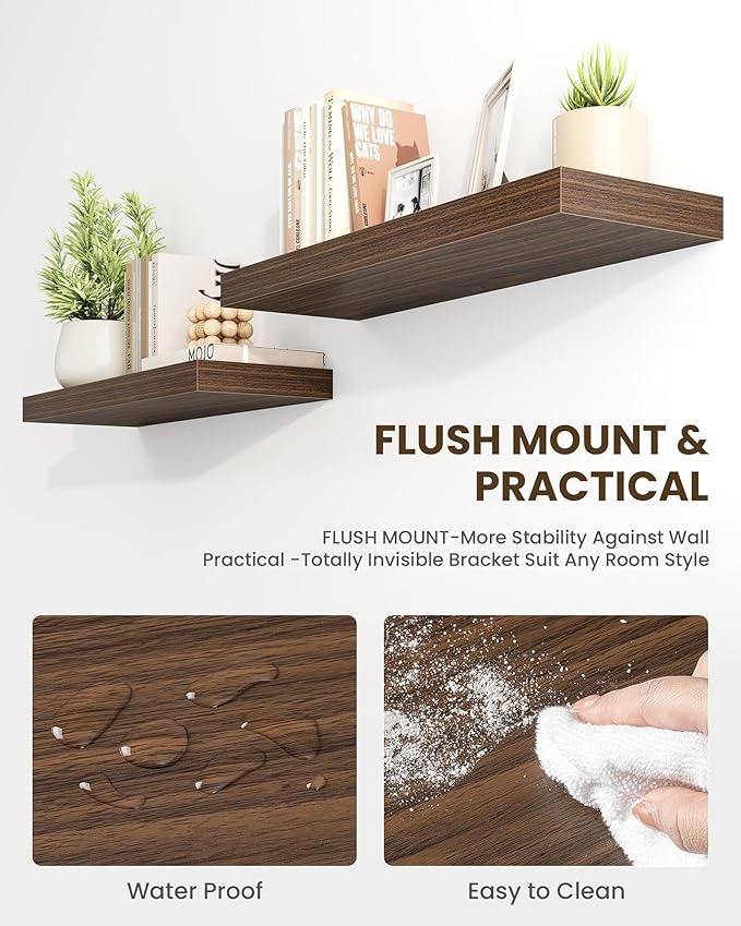 Marsmiles 36" Floating Shelves for Wall, Wooden Shelves with Invisible Brackets Set of 2, Rustic Farmhouse Wall Mounted Shelf for Kitchen Bathroom Living Room Study, Walnut-Ruum Studio Home
