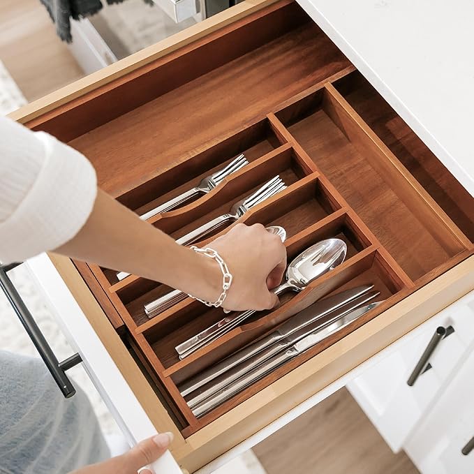 Premium Silverware, Flatware and Utensil Organizer for Kitchen Drawers, Food-Safe Contract Grade, Expandable from 10.5 to 19 In, Natural Acacia-Ruum Studio Home