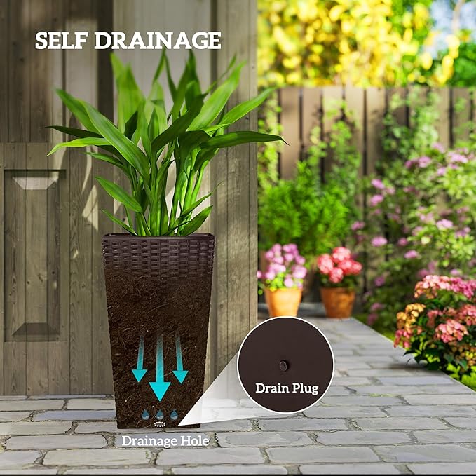 Outsunny Tall Planters for Outdoor Plants Set of 3, 24 in Taper Planters with Drainage Holes, Rattan Decor Plant Pots for Indoor Outdoor Front Porch Patio Backyard, Brown-Ruum Studio Home