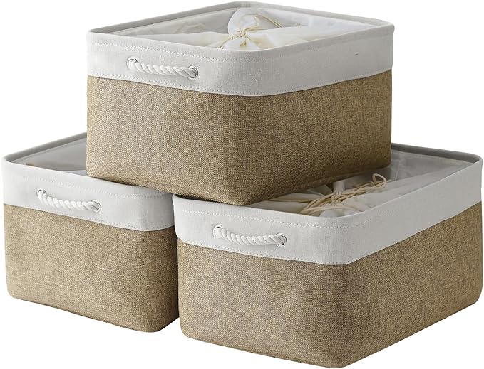 TheWarmHome Organization and Storage Basket for Organizing - X Large - 3 Pack 17.7L×13.8W×9.8H in Collapsible Storage Bin for Shelves, Fabric Basket for Gifts Organizer Toy Closet (White & Khaki)-Ruum Studio Home