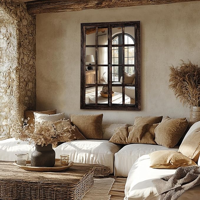 Wall Mirror with Window Design, 38"x26" Rustic Farmhouse Wood Mirror for Wall Decor, Decorative Vintage Mirror for Living Room, Bedroom, Entryway-Ruum Studio Home