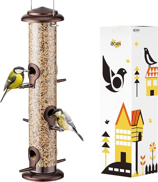 iBorn Metal Bird Feeder Hanging Wild Bird Seed Feeder for Mix Seed Blends Heavy Duty All Metal Coffee Finish,14 Inch 6 Port(Seed is not Included)-Ruum Studio Home