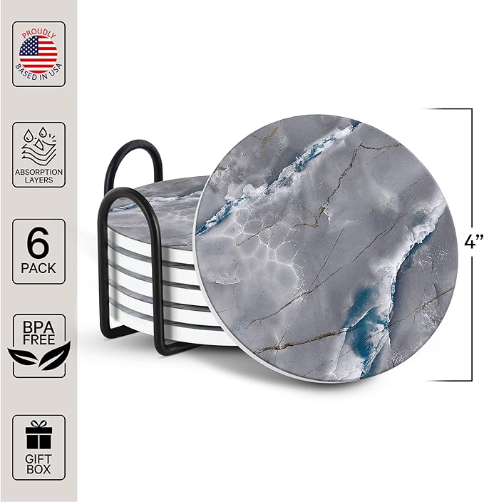 Emerson Coasters for Drinks Absorbent – Natural Stone Drink Coasters Set with Holder, Coasters for Coffee Table, Wooden Tabletop Protection Marble Style – 100% Heavy Duty Set of 6 (Graphite)-Ruum Studio Home