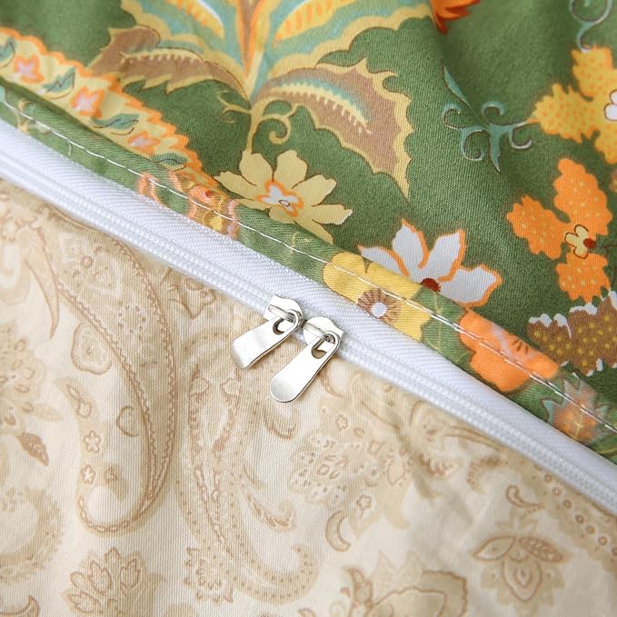ABREEZE Paisley Bedding Sets 3Pcs Brushed Cotton Duvet Cover Set Queen Size Rustic Damask Green Floral Comforter Cover with Zipper Closure Boho Bedding Collections-Ruum Studio Home