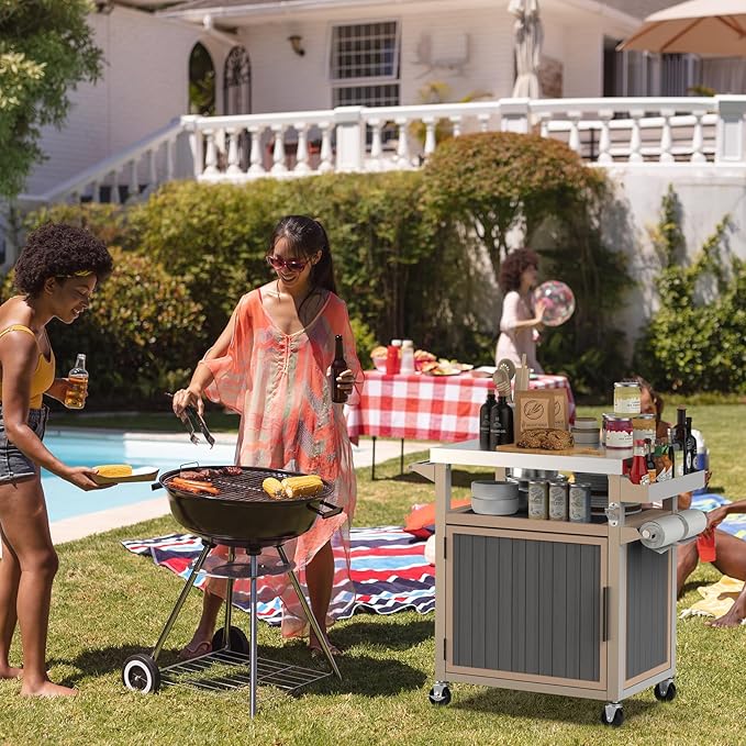 Skyflame Outdoor Grill Cart with Storage on Wheels, Rolling Kitchen Island with Stainless Steel Table Top, Multifunctional BBQ Food Prep Table with Magnetic Single Door for Patio Backyard Garden Deck-Ruum Studio Home