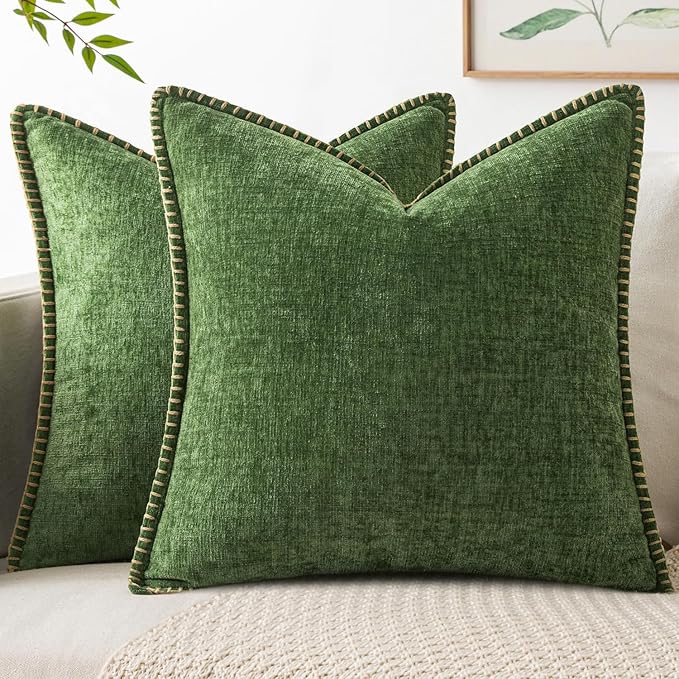 MIULEE Pack of 2 Fall Couch Pillow Covers 18x18 Inch Moss Green Farmhouse Decorative Throw Pillow Covers with Stitched Edge Soft Chenille Solid Dyed Pillow Covers for Sofa Bed Living Room-Ruum Studio Home