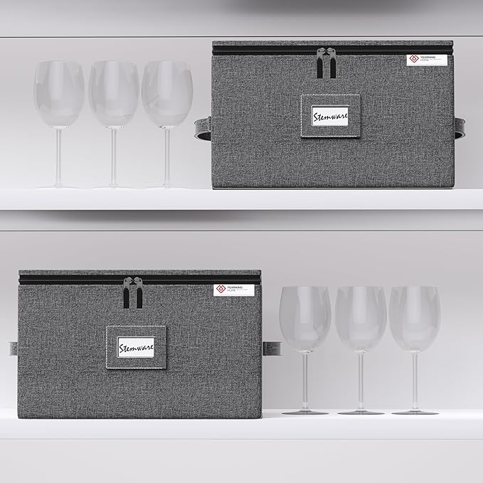 YearningHome Wine Glass Storage Box with Dividers,Hard Shell and Stackable Stemware Storage Containers with Sturdy Handle for Glassware Crystal Storage and Transport,Grey,Holds 12-Ruum Studio Home