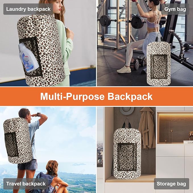 Laundry Bag Backpack Durable Laundry Bag with Shoulder Straps and Mesh Pockets Portable Laundry Dirty Clothes Hamper Bag for College Dorm (Leopard Print)-Ruum Studio Home