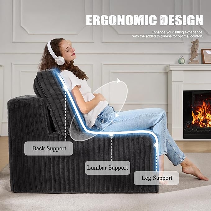 Single Sofa 1 Seat Couch with Deep Seat Memory Foam Cloud Chair with Pillows Large Sofa with L Shape for Living Room Bedroom (Strip Grey, Single)-Ruum Studio Home