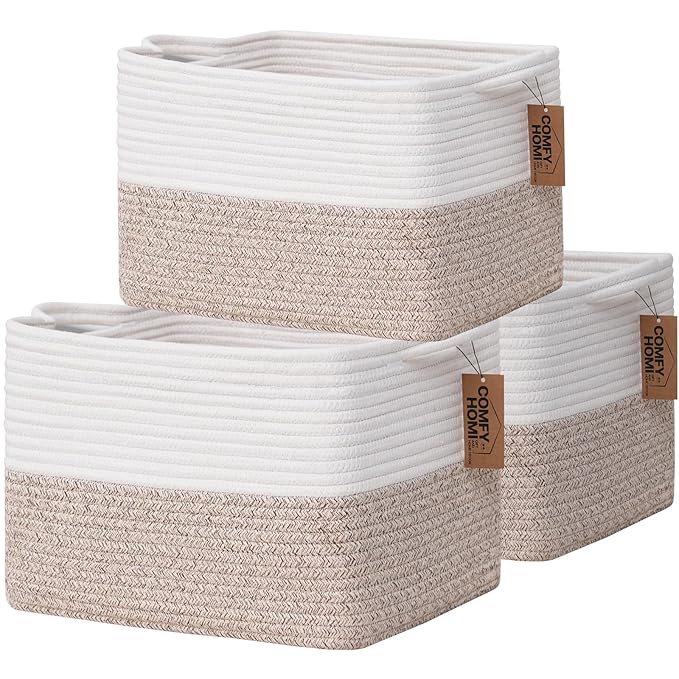 COMFY-HOMI 3-Pack Cotton Rope Woven Basket with Handles for Shelves, Books, Toys, Cloth Storage|Towel Storage|Nursery Baby Basket - 13.5" x 11" x 9.5" for Living Room (White/Brown)-Ruum Studio Home