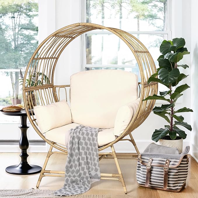Egg Chair Outdoor Indoor, Oversized Rattan Chair with Thicken Cushion, 350LBS Capacity Wicker Patio Lounge Chair, Basket Chair for Living Room Balcony Porch Backyard, Beige-Ruum Studio Home