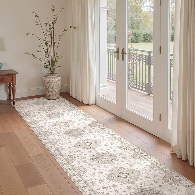 Washable 2.6x12 Runner Rug - Area Rugs Neutral Vintage Distressed Floral Farmhouse Boho Large Soft Floor Rug Indoor Carpet for Hallway Entryway Kitchen Home - Beige Brown-Ruum Studio Home