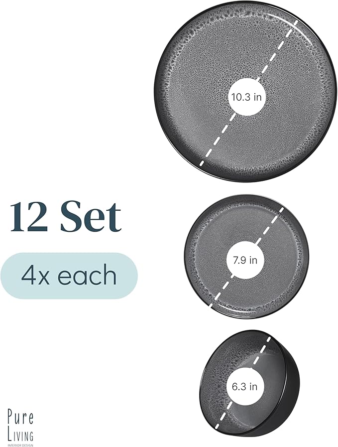 Stoneware dinnerware set 4 persons 12 pcs - Dishwasher, microwave and scratch resistant - Bowl and plate set 4 persons modern - Dinner service Pure Living black in gray…-Ruum Studio Home