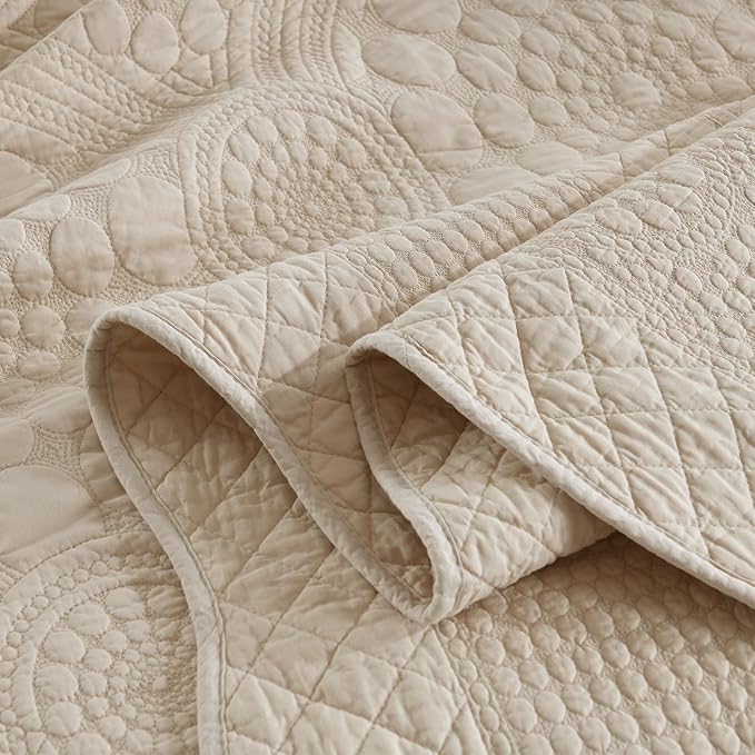 MarCielo 3-Piece 100% Cotton Oversized Bedspread Lightweight Quilt Coverlet Embroidery Farmhouse Bedding (Tf Khaki Beige, Oversized King (118"x106"))-Ruum Studio Home