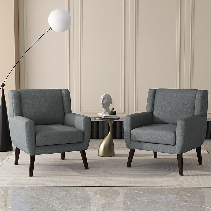 UIXE Accent Chairs Set of 2, Fabric Upholstered Armchair for Living Room, Comfy Arm Chair Single Sofa Bedroom Side Reading Seat - Flax Gray-Ruum Studio Home