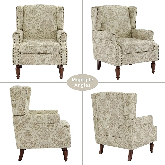 Lumibee Wingback Accent Chair, 2 Set High Back Floral Armchairs in Fabric,Comfy Upholstered Reading Single Sofa Chairs with Solid Wood Legs for Living Room,Bedroom,Office-White-Ruum Studio Home