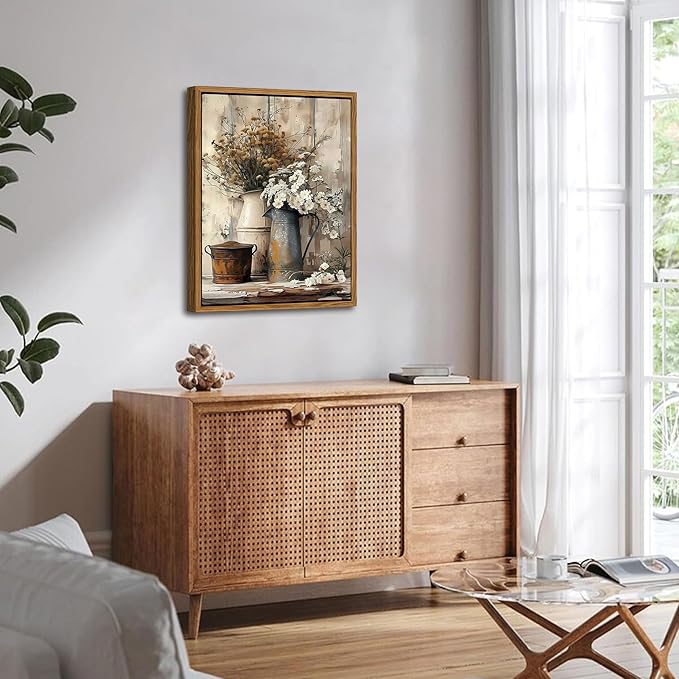 Floating Framed Farmhouse Vintage Canvas Wall Art, Country Floral Daisy Pictures Wall Decor, Wood Grain Art Paintings Poster for Living Room Bedroom Bathroom Rustic Decor 16x24 inch-Ruum Studio Home