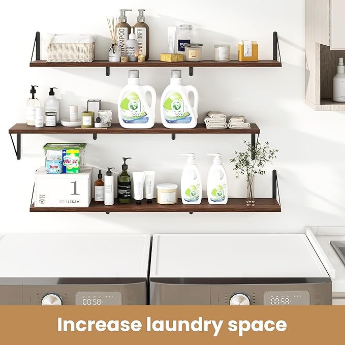 Heimlove 48 Inch Large Floating Bookshelves Set of 3,Wall Mounted Bookshelves,Heavy Duty Wooden Shelves for Living Room,Bedroom,Kitchen,Laundry Room Storage & Decor-Walnut Color-Ruum Studio Home