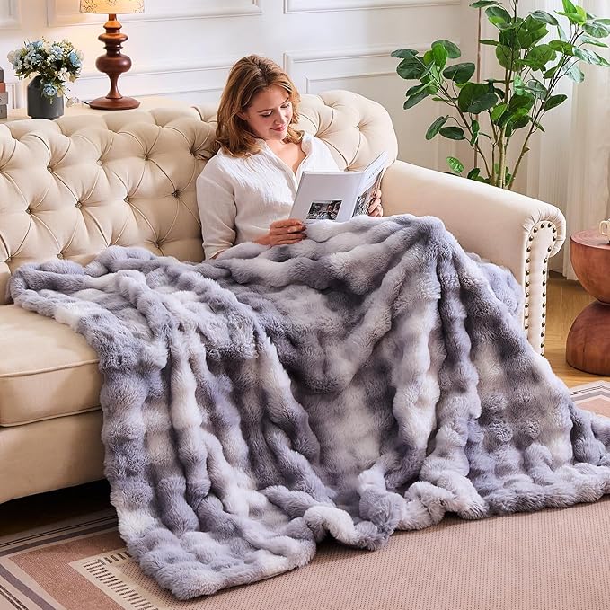 Lotus Karen Queen Size Faux Fur Blanket Tie-Dye Gray - Big Bubble Rabbit Fluff Throw for Bed Large Fluffy Fuzzy Cozy Thick Furry Plush Shaggy Blankets for Men 90x90 Inches-Ruum Studio Home