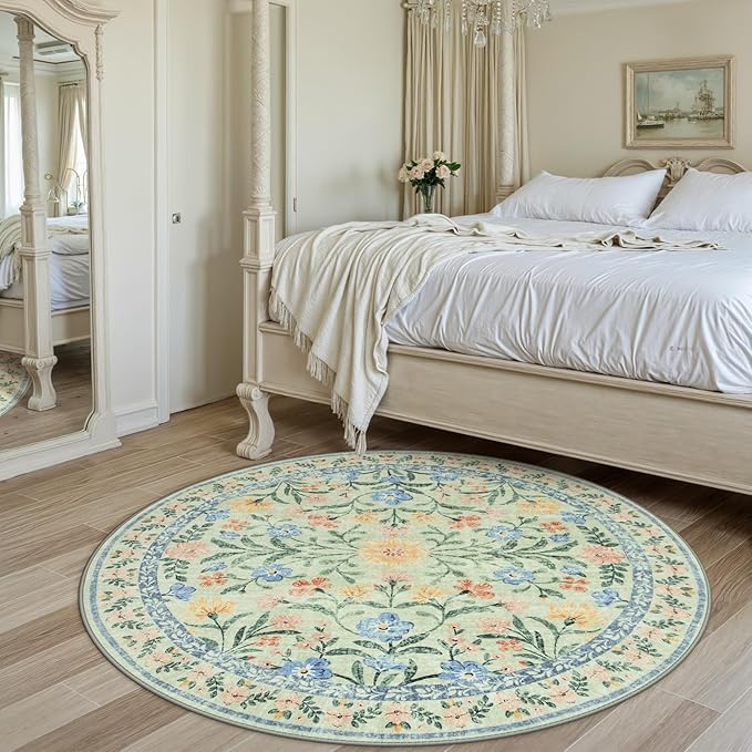 Wonnitar Washable Floral Round Rug, 6ft Sage Green Round Area Rugs for Bedroom Nursery, Boho Non-Slip Indoor Large Circle Carpets for Dining Room Living Room Kids Playroom-Ruum Studio Home