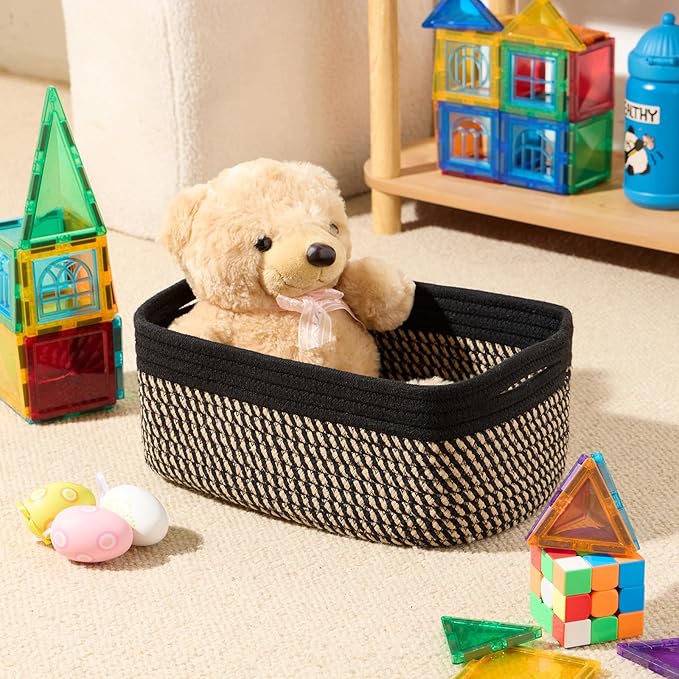 Small Storage Baskets for Organizing | Closet Organizer Bins | Shelf Toy Basket | Woven Rope Baskets | Cube Decorative Box | Shallow Basket | 13x8.5x5.1” | 4 Packs Black Brown-Ruum Studio Home