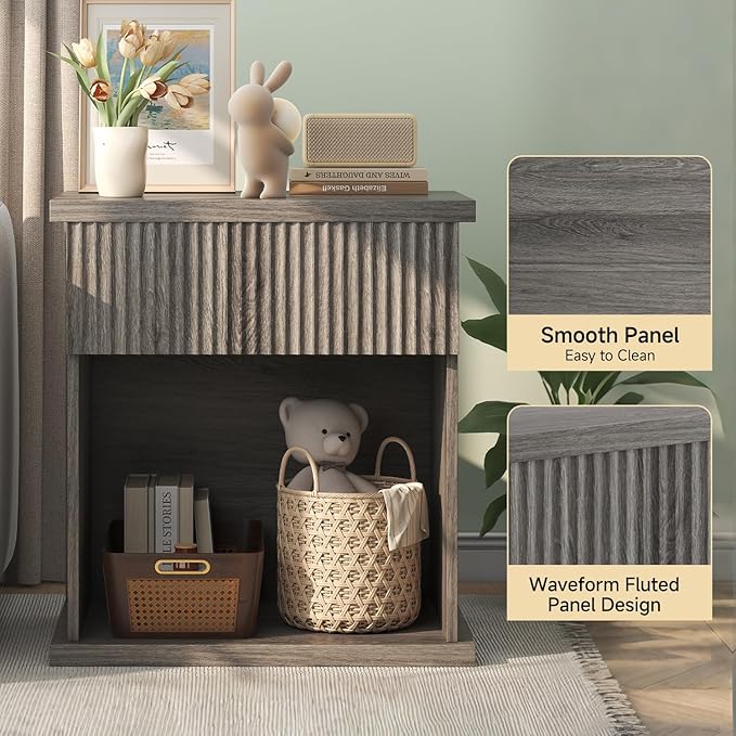 Fluted Nightstand, 22.8" Wide Nightstands with Drawer Storage Large Wood BedsideTable Night Stand for Bedroom, Grey Oak-Ruum Studio Home