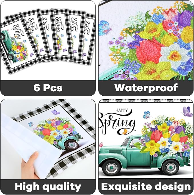 Happy Spring Placemats Set of 6 Easter Plastic Table Mats Spring Placemats Seasonal Place Mats Rustic Vintage Flowers Table Decoration for Indoor Outdoor Party Kitchen Dining-Ruum Studio Home