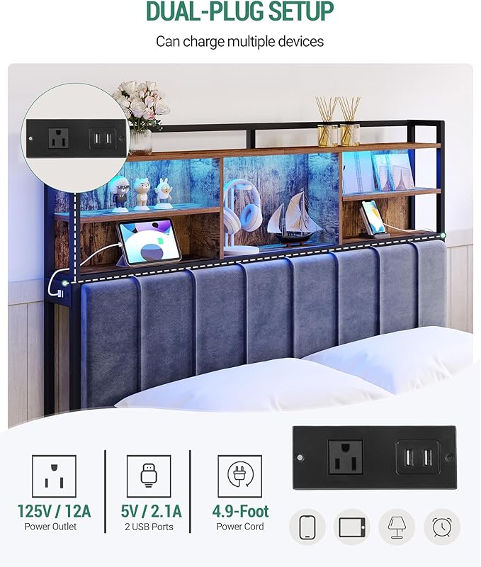 Headboard with 3-Tier Storage Shelves, Velvet Upholstered Head Board with 2 Outlets, USB Ports & LED Light, Soft Backrest for Queen Size Bed, Rustic Brown and Black BH15201BV1-Ruum Studio Home