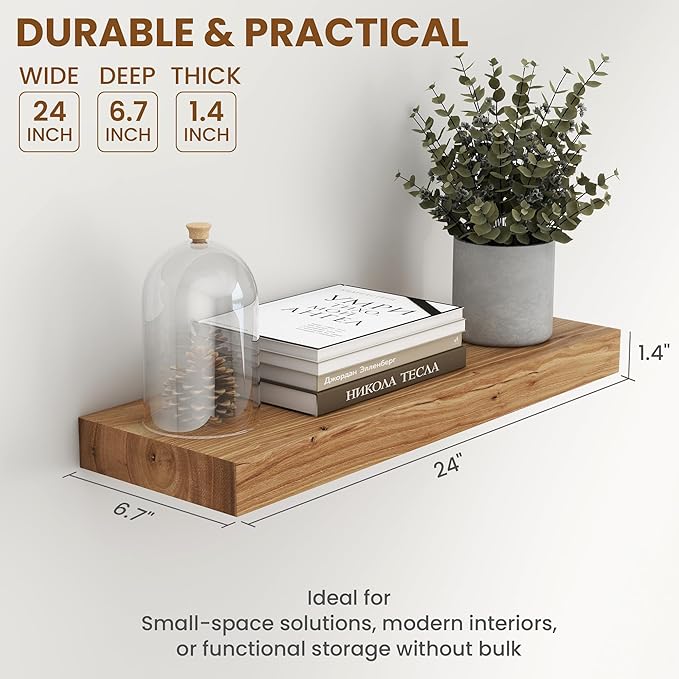 Wood Floating Shelves for Wall, 24" Floating Shelves Wall Mounted, Rustic Old Elm Wood Shelf for Home Decor, Heavy-Duty Storage Shelves for Books, Bathroom, Kitchen, Natural Color, Set of 2-Ruum Studio Home