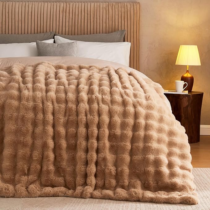 Lotus Karen Queen Size Faux Fur Blanket Khaki - Big Bubble Rabbit Fluff Blanket for Bed, Large Fluffy Fuzzy Cozy Blanket, Thick Furry Plush Shaggy Blankets, 90x90 Inches-Ruum Studio Home