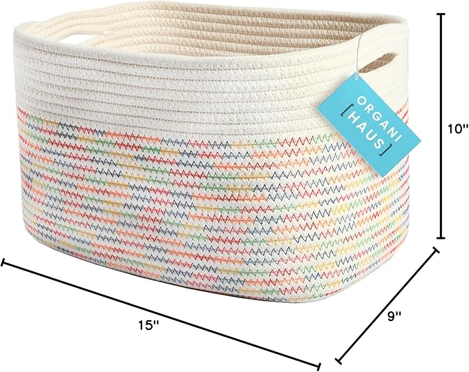 OrganiHaus Woven Storage Baskets for Organizing, Cotton Rope Organizer Bins for Shelves, Closet & Nursery, Dog Toy Basket, Decorative Bins for Toys, Towels & Books - 15x10x9, Rainbow Stitches-Ruum Studio Home