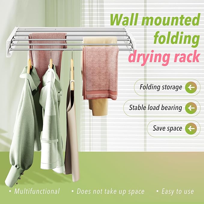 Wall Mounted Clothes Drying Rack 32 inches,Foldbale Laundry Drying Rack Wall Mount,Drying Rack Clothing Space Saver,Retractable,Collapsible,Folding Laundry Rack,White-Ruum Studio Home