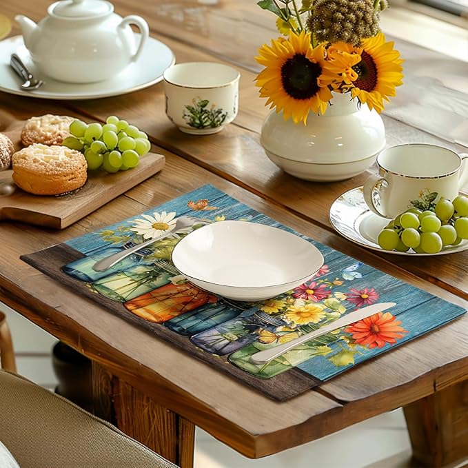 Rustic Daisy Placemats Set of 4 Vintage Flower Vases Wood Grain Linen Table Mats 12x18 Inch Summer Floral Wooden Board Farmhouse Washable Place Mat for Party Kitchen Dining Outdoor Indoor Decor-Ruum Studio Home