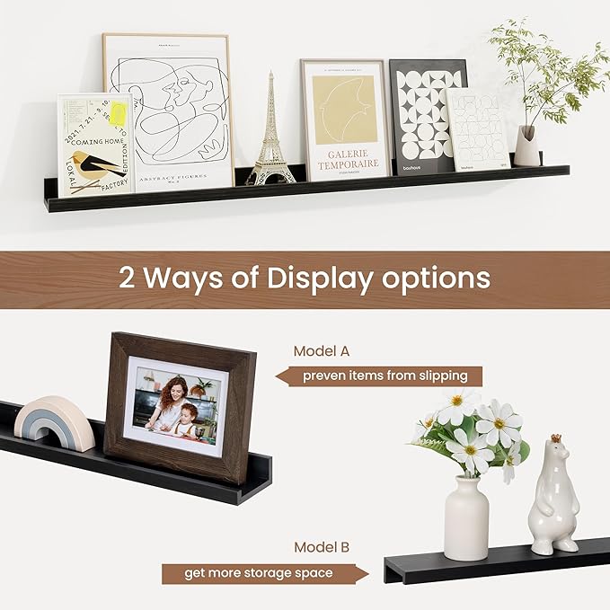 Picture Ledge Shelf, Solid Pine Wood Floating Shelves Set of 2, 40 Inches Nursery Book Shelves for Toys Storage, Kids Bookshelf Wall Mounted for Living Room Bedroom Decor Books Photo Frames, Black-Ruum Studio Home