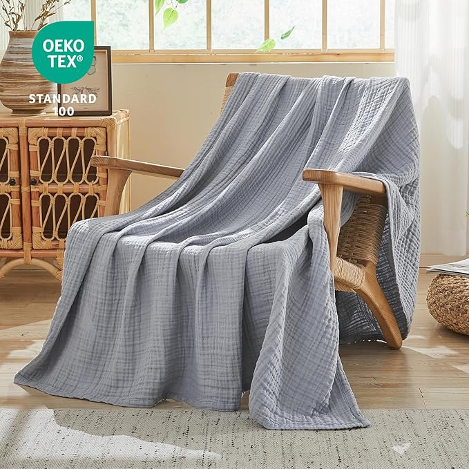EMME Cotton Muslin Throw Blanket Couch Breathable Gauze Blanket Soft Lightweight Blankets Adults (Dusty Blue, 50"x60")-Ruum Studio Home