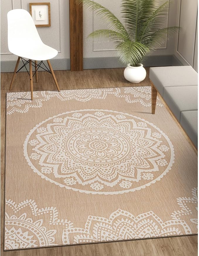 CAMILSON Outdoor Rug 8x10 Modern Area Rugs for Indoor and Outdoor Patios and Porches - Waterproof, Washable, Non-Shedding, Easy-to-Clean Outside Carpet (8 x 10, Medallion - Beige/White)-Ruum Studio Home